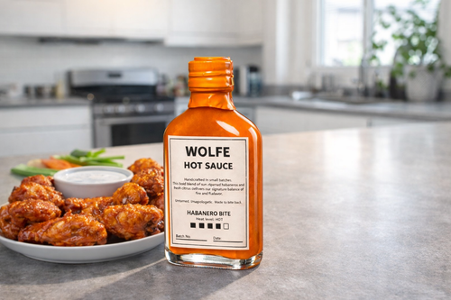 Wolfe Habanero Bite hot sauce bottle served with food, fresh chillies and small batch craft sauce branding