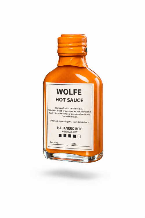 Wolfe Habanero Bite hot sauce bottle with extra hot habanero chilli sauce label