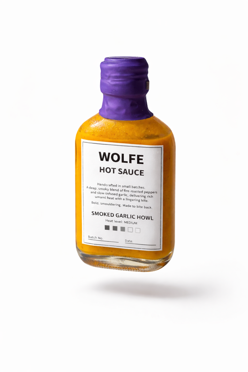 Wolfe Smoked Garlic Howl hot sauce bottle with smoky garlic flavour and artisan small batch label